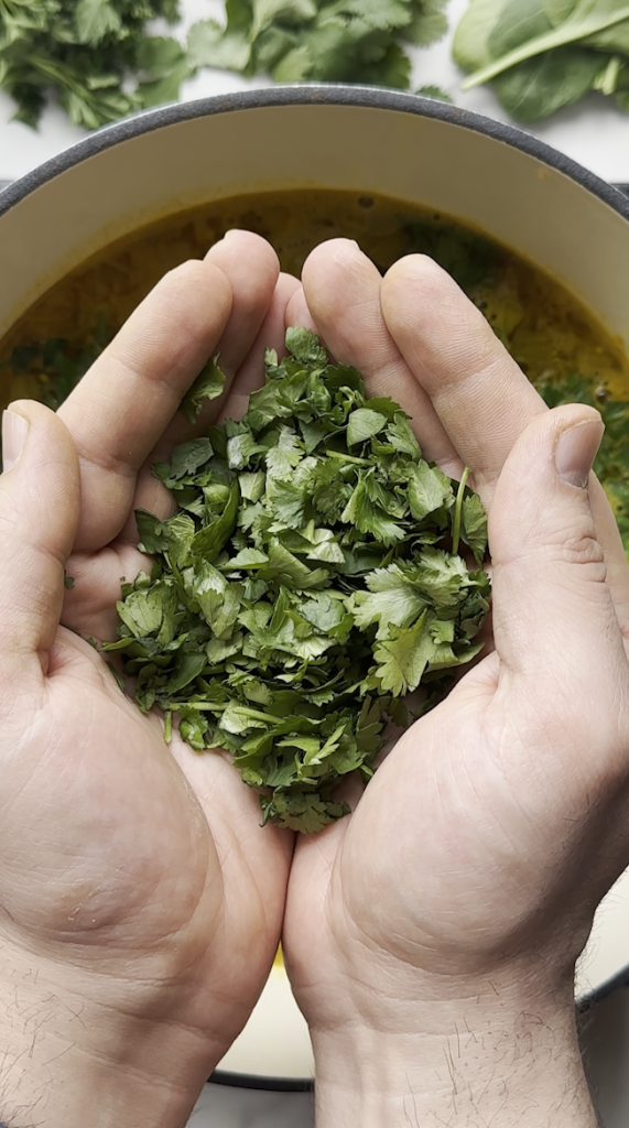 diced cilantro going into the aush/ash pot